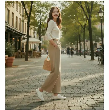 베이지·브라운 톤 와이드 슬랙스와 니트 전신 코디 사진