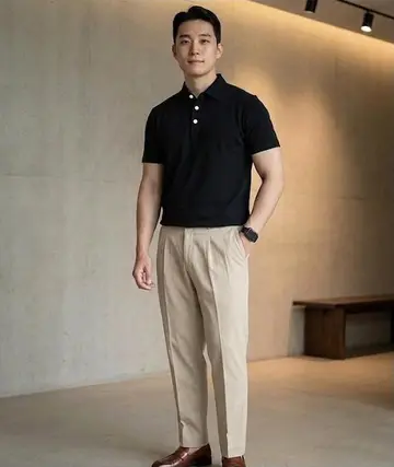 블랙 반팔티와 슬랙스 전신 코디 사진