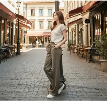 베이지·아이보리 톤 슬랙스와 반팔티 전신 코디 사진