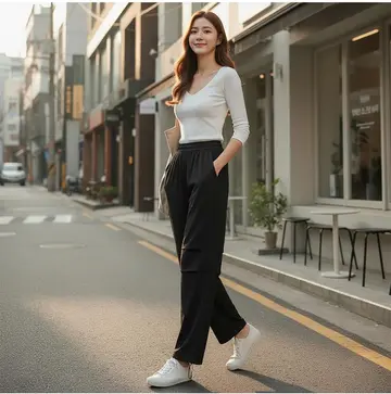 베이지·그레이 톤 청바지와 긴팔티 전신 코디 사진