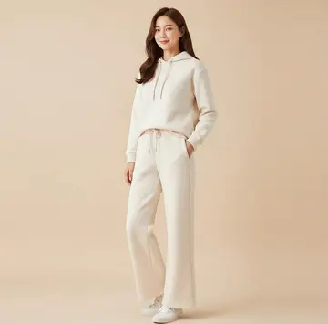 화이트·베이지 톤 면바지와 집업 전신 코디 사진