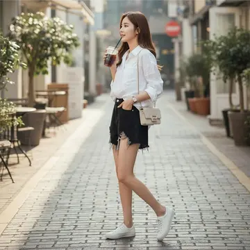블랙 오버핏 데님 반바지와 화이트 셔츠 전신 코디 사진