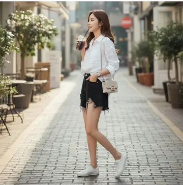 화이트·그레이 톤 데님 반바지와 셔츠 전신 코디 사진