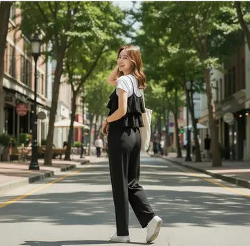 블랙·카멜 톤 와이드 슬랙스와 베스트 전신 코디 사진