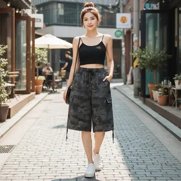 반바지와 블랙 나시 전신 코디 사진