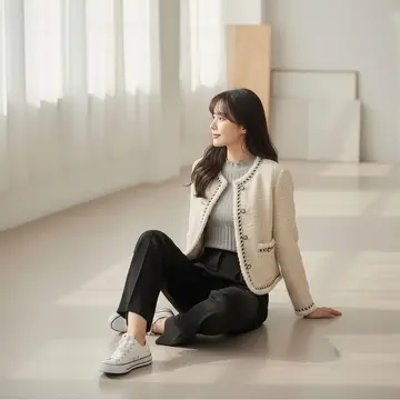 블랙·카키 톤 슬랙스와 가디건 전신 코디 사진