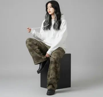 화이트·차콜 톤 슬랙스와 후드티 전신 코디 사진