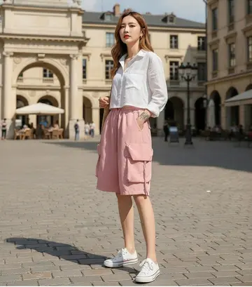 핑크 오버핏 반바지와 화이트 셔츠 전신 코디 사진