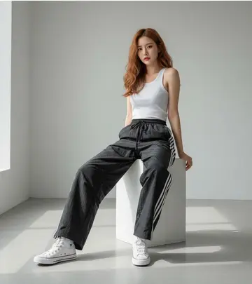 화이트·그레이 톤 와이드 슬랙스와 나시 전신 코디 사진