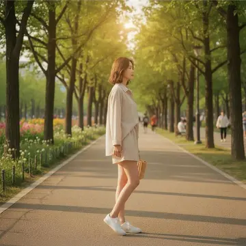 베이지 오버핏 반바지 전신 코디 사진