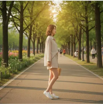 베이지·브라운 톤 반바지 전신 코디 사진