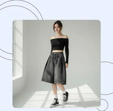 블랙·차콜 톤 데님 반바지와 가디건 전신 코디 사진
