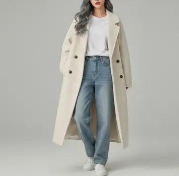 아이보리 오버핏 울 롱코트와 반팔티 전신 코디 사진