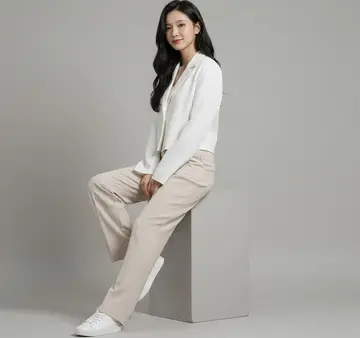 화이트·그레이 톤 블레이저와 슬랙스 전신 코디 사진