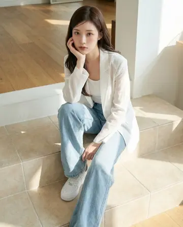 화이트·차콜 톤 재킷과 나시 전신 코디 사진