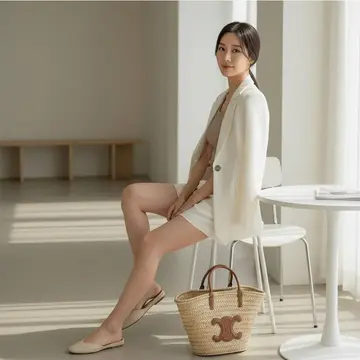 브라운·카키 톤 민소매와 블레이저 전신 코디 사진