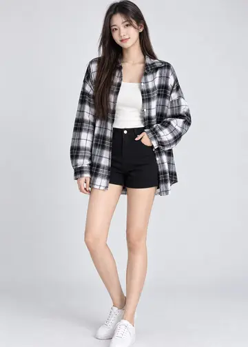화이트·블랙 톤 체크 셔츠와 재킷 전신 코디 사진