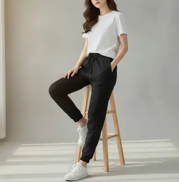 화이트·블랙 톤 기모 조거팬츠와 반팔티 전신 코디 사진