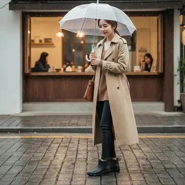 베이지·블랙 톤 부츠와 트렌치코트 전신 코디 사진