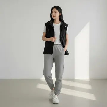 블랙·그레이 톤 베스트와 반팔티 전신 코디 사진