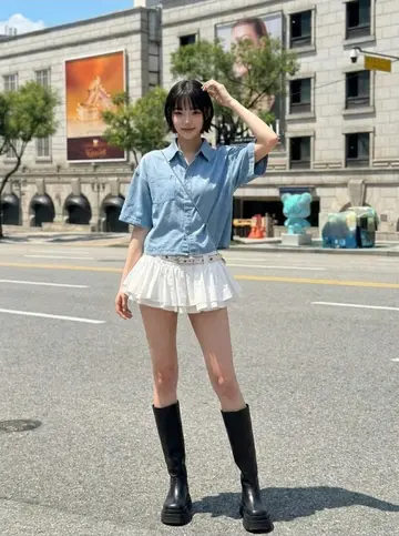 오버핏 데님 재킷과 스카이블루 셔츠 전신 코디 사진