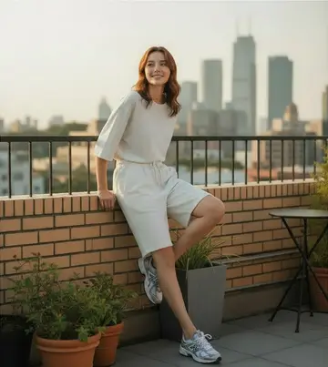 카키·아이보리 톤 반바지와 반팔티 전신 코디 사진