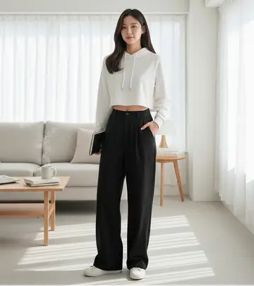 베이지·블랙 톤 와이드 면바지와 후드티 전신 코디 사진