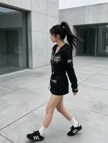 블랙 후드집업과 후드티 전신 코디 사진