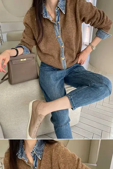브라운·그레이 톤 데님 니트와 청바지 전신 코디 사진