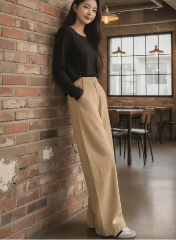 오버핏 배기팬츠와 블랙 긴팔티 전신 코디 사진