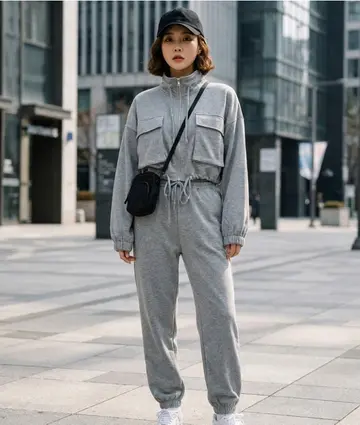 그레이·블랙 톤 와이드 조거팬츠와 집업 전신 코디 사진