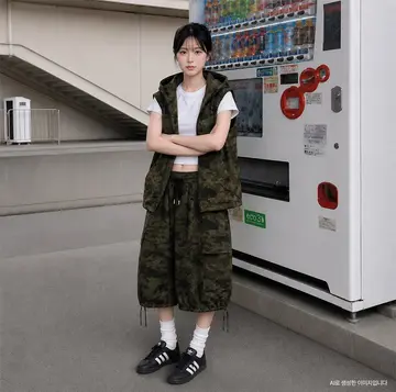 블랙·베이지 톤 베스트와 나시 전신 코디 사진